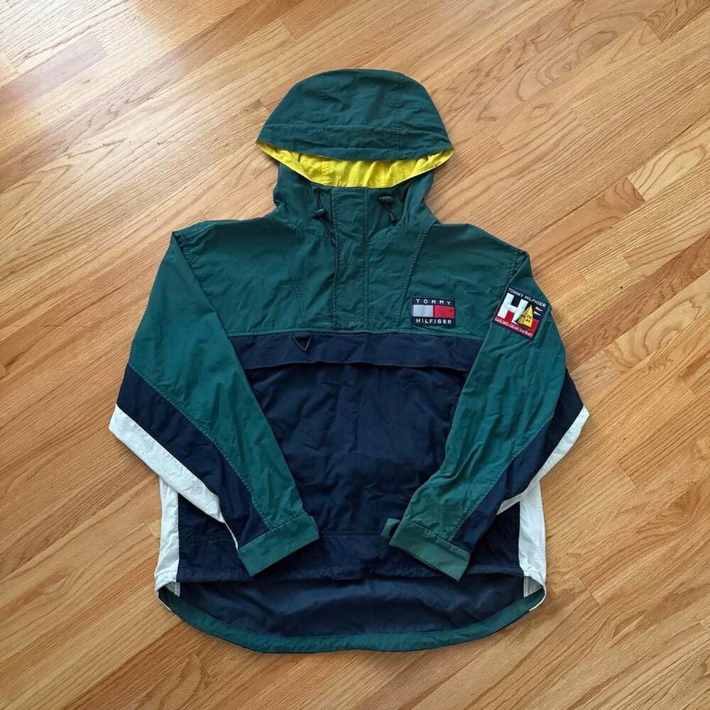 Tommy Hilfiger Sailing Gear Anorak Jacket Size L Green Navy Colorblock